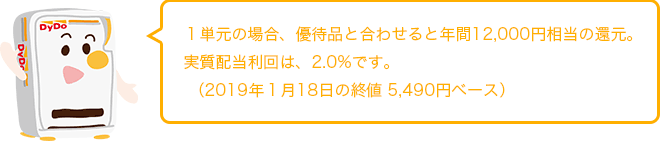 1単元の場合、優待品と合わせると年間12,000円相当の還元。実質配当利回は、2.0%です。(2018年1月19日の終値 5,790円ベース)